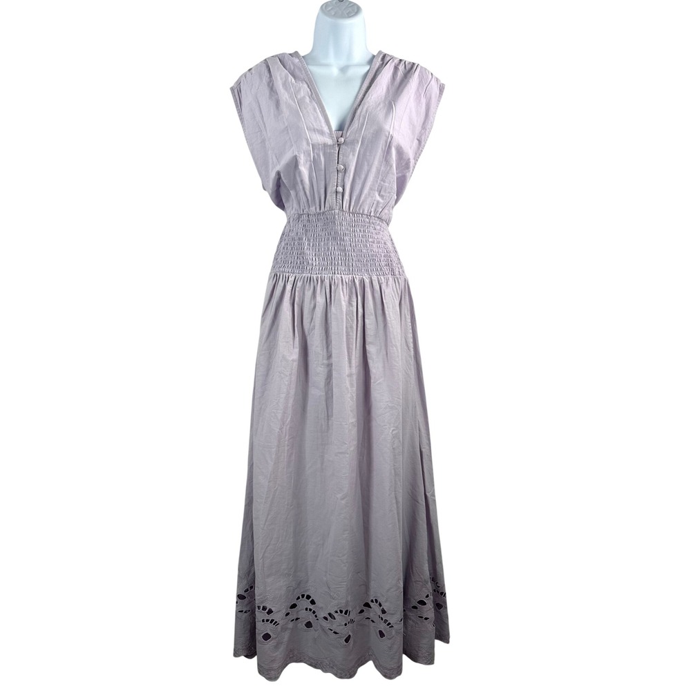 Kings Road Maxi Dress sz L Lavender Cotton Smocked Eyelet coquette embroidered